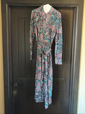 Boden Long Sleeve Paisley Maxi Dress in Navy, Teal, Pink